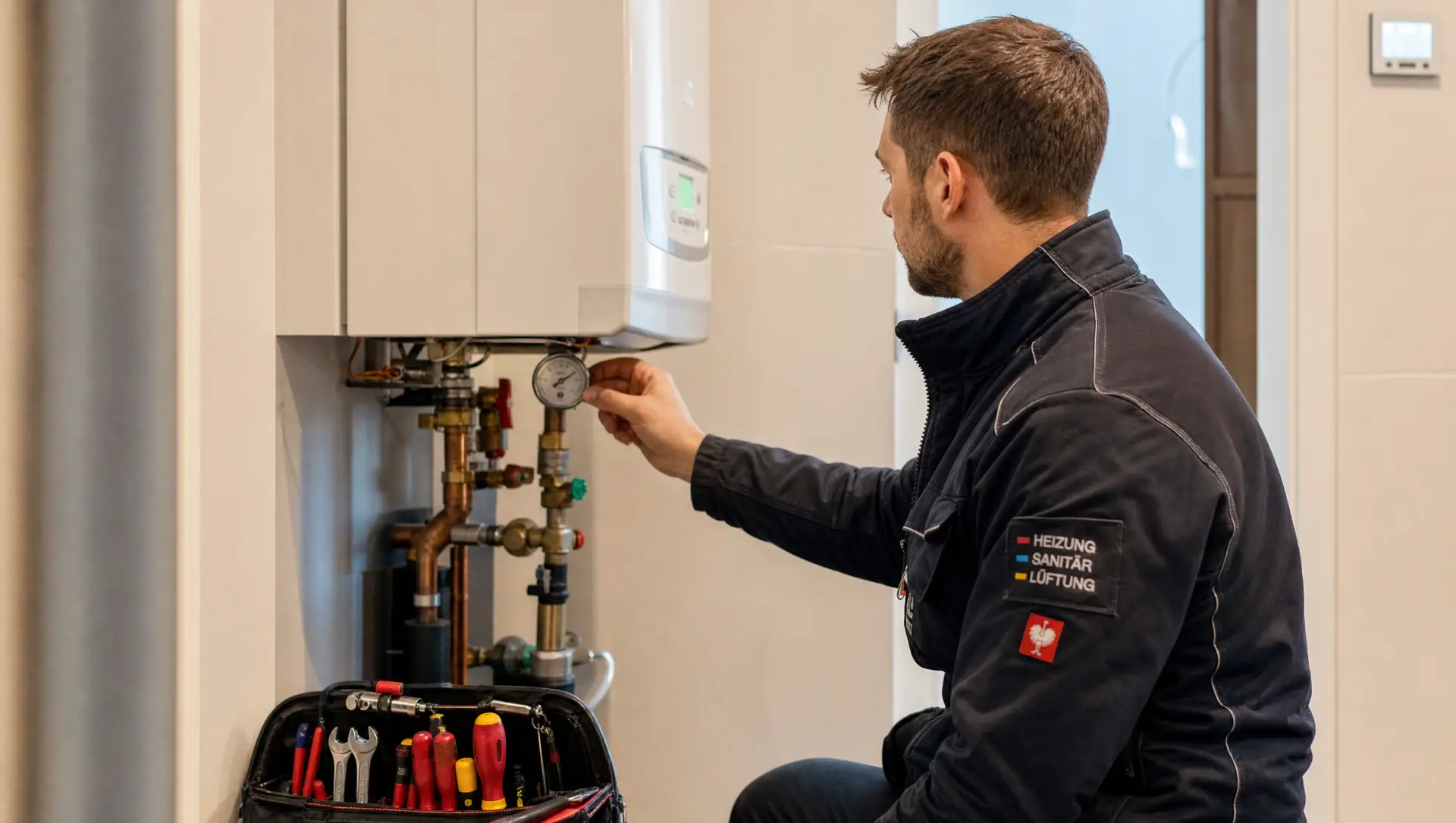 SHK-Techniker in Profilansicht seitlich an einer Gastherme