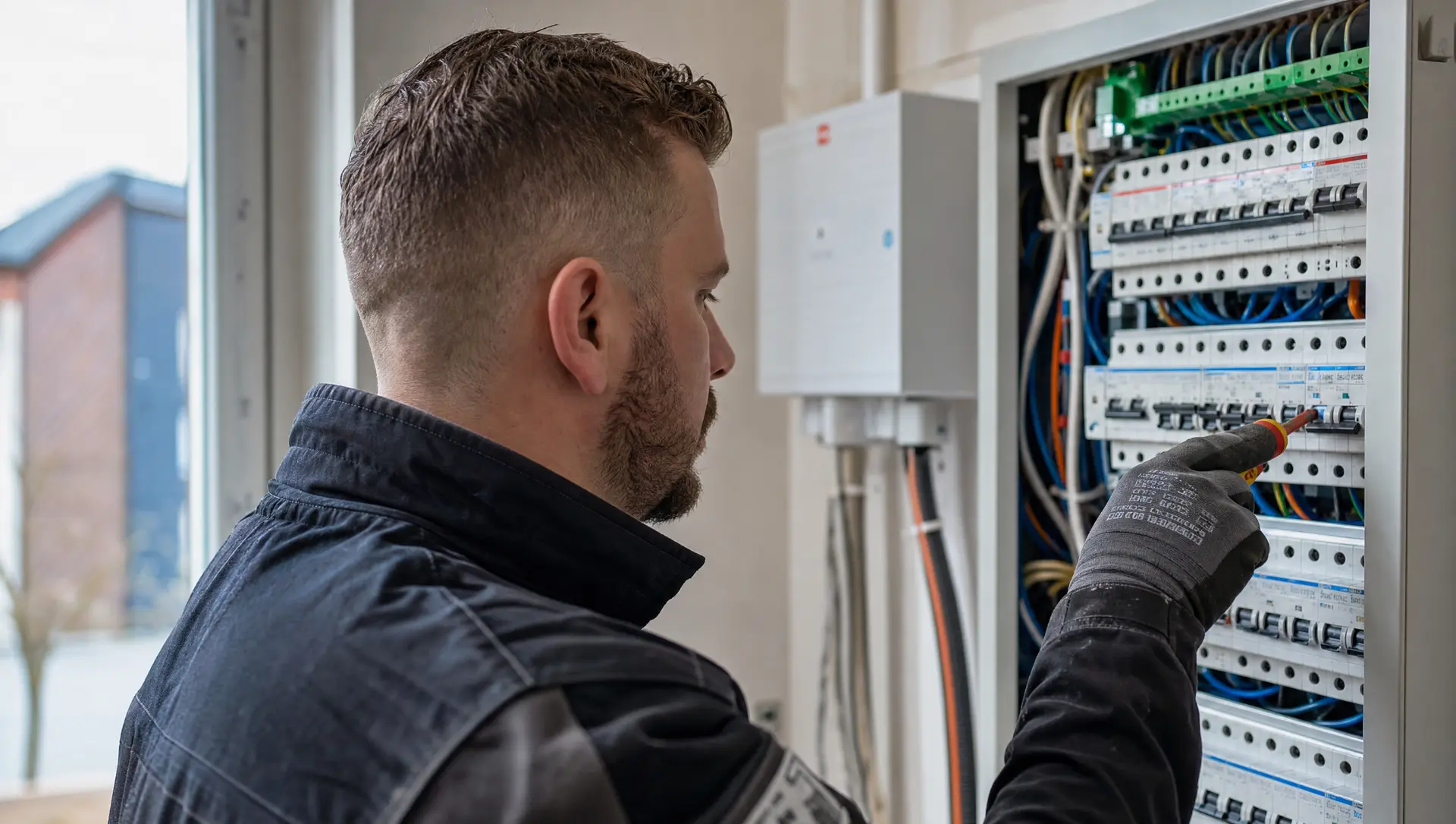 Elektriker in Profilansicht seitlich am Sicherungskasten